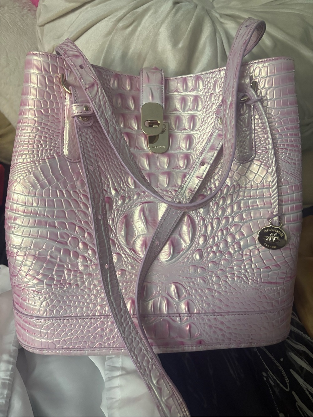 Brahmin Iridescent Pink Croc-Embossed Leather Tote